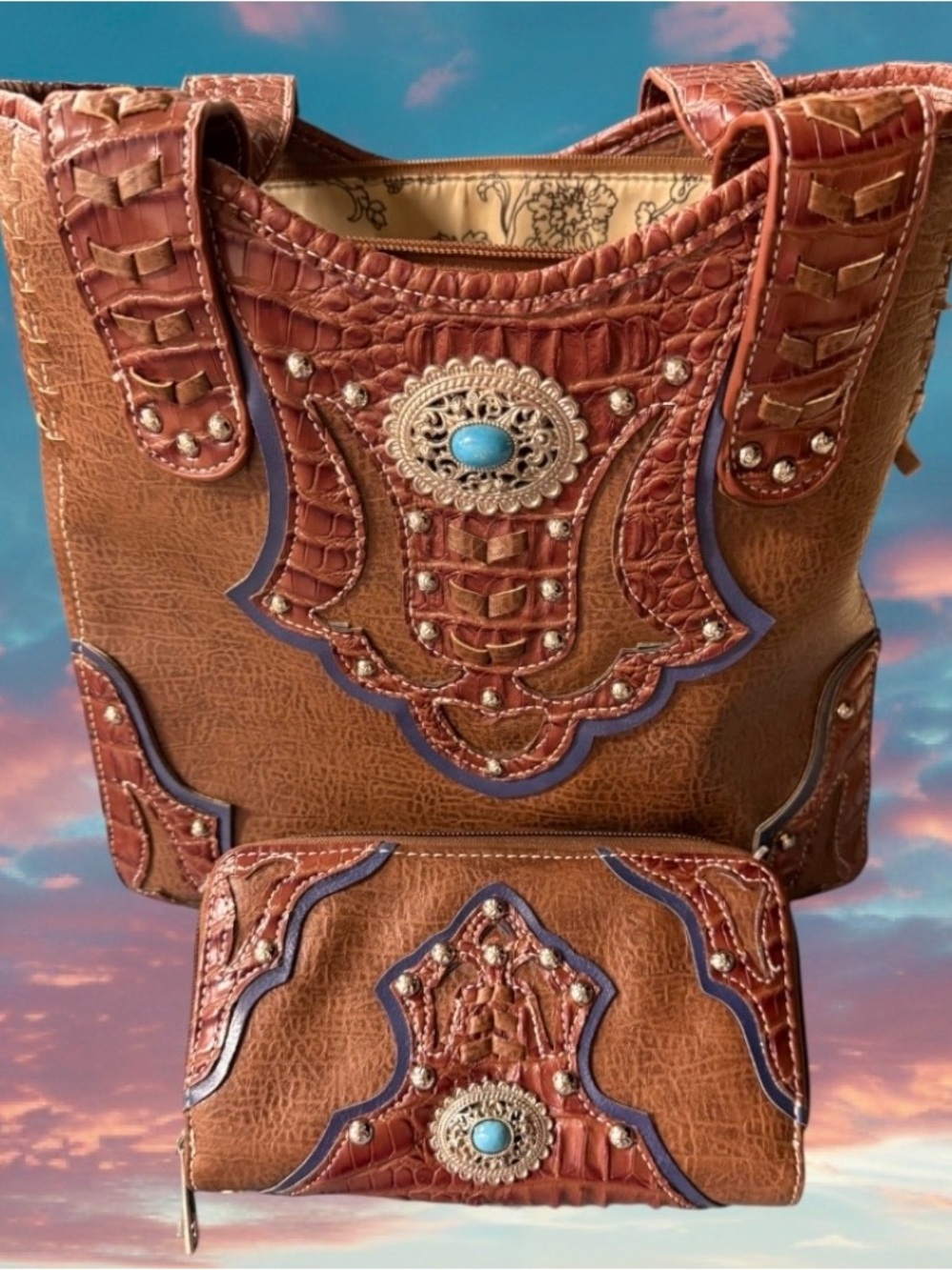 Western Embellished Tote Bag with Matching Wallet